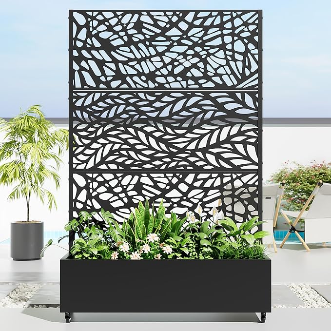 Casaphoria Metal Raised Garden Bed with Trellis and Wheels 72x 47x 16 Planter Box for Climbing Plants Vegetables &amp Vines Features Drainage Holes and Privacy ScreenBlack(Black-Spring&ampNet