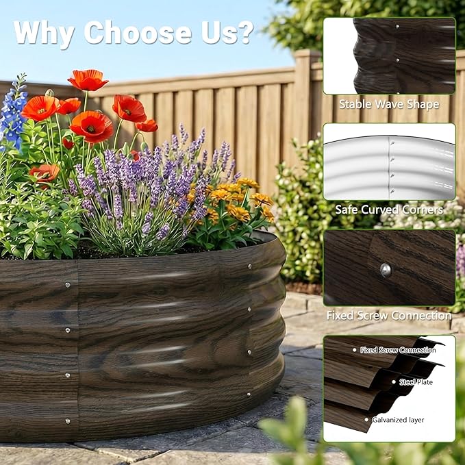 DoCred 3 Pack 3x3x1Ft Round Galvanized Raised Garden Bed Metal Garden Bed Outdoor Kit for Gardening Above Ground Planter Box for Plants Vegetables Herbs Flowers Wood Grain