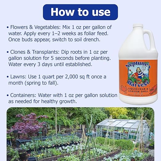 Neptune’s Harvest Organic Crab &amp Lobster Shell Multi-Purpose Liquid Fertilizer (2-0-2) - 1 Gallon Bottle - Rich in Nutrients Soil Fertilizer - Plant Food for Lawns Gardens and Vegetables