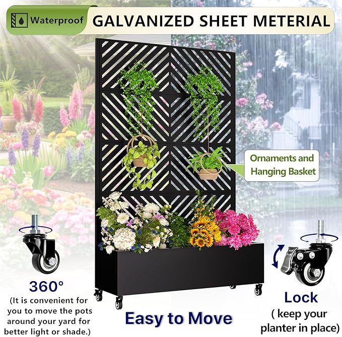 Metal Planter Box with Trellis72x47x16Galvanized Steel Outdoor Raised Garden Bed with Privacy Screenwith Drainage Holes &amp Lockable Casters for Climbing PlantsVegetablesand Vines(-JT)