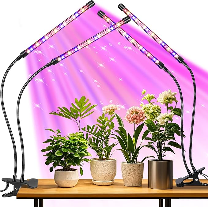 2 Head 2 Pack LED Plant Grow Light with Flexible Gooseneck Suitable for Indoor Plants Full Spectrum Clip on Plant Growing Light with Red Blue Yellow Beads 10 Brightness Levels 3/9/12H Auto Timer