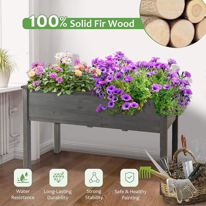 GRAFFY Raised Garden Bed 49.5 X 23.5 X 30.0 Wooden Elevated Planter Box for Vegetable Flower Herb Outdoor Planting Bed Container with 4 Drain Holes &amp Legs for Grass Lawn Patio Backyard(Grey)
