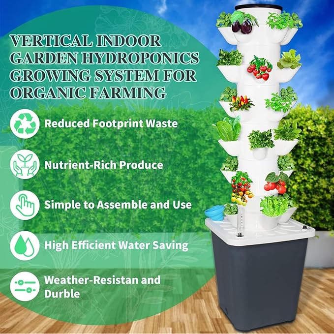 Hydroponic Tower Growing sytem Indoor hydroponic Grow System Vertical Grow Tower 6 Layer 30 Plants Sites with Pump and Movable Water Tank