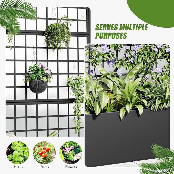 Casaphoria 72x35 Metal Raised Garden Bed with Trellis(2 Pack) Outdoor Planter Box with Wheels &amp Drainage Holes for Climbing Plants Flowers Elevated Garden Kit with Privacy Screen Black-Gird