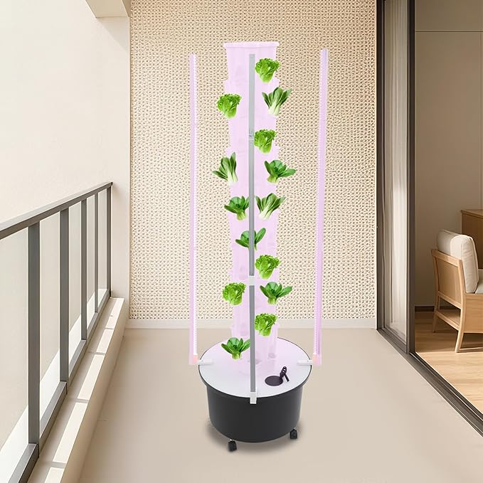 Vertical Hydroponics Growing Kit Modular Hydroponic Tower with Water Pump &amp Timer Function Mobile Hydroponic Growing Kit for Leafy Vegetables Strawberries &amp Chilies (White+Black 8Layer-48 P
