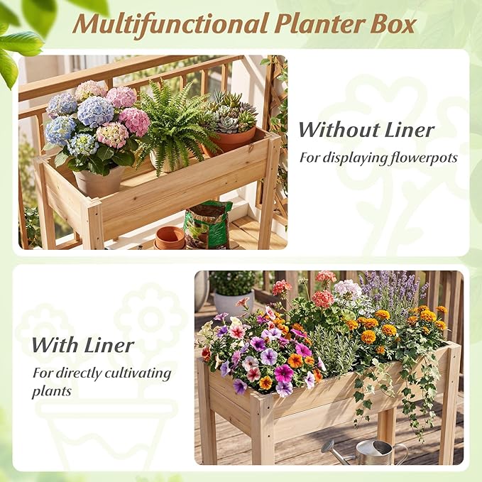 HAPPYGRILL Wooden Raised Garden Bed with Legs Elevated Planter Box w/Storage Shelf Drainage Liner Outdoor Solid Wood Gardening Box for Vegetables Herbs Flower Backyard Patio Balcony Indoor