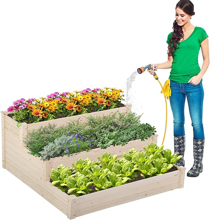BLKMTY Raised Garden Bed 3 Tier Wood Planter Box for Vegetables Elevated Flower Box Outdoor Tiered Stackable Planters for Gardening Flower Above Ground Wooden Box in Patio Backyard Natural