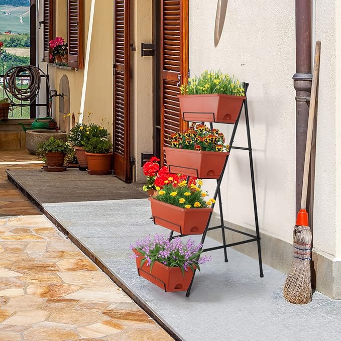OYEAL Raised Garden Bed 4 Tier Vertical Garden Planter Indoor Outdoor Herb Planter with Legs Elevated Garden Planters for Flowers Vegetables Plants Brick Red