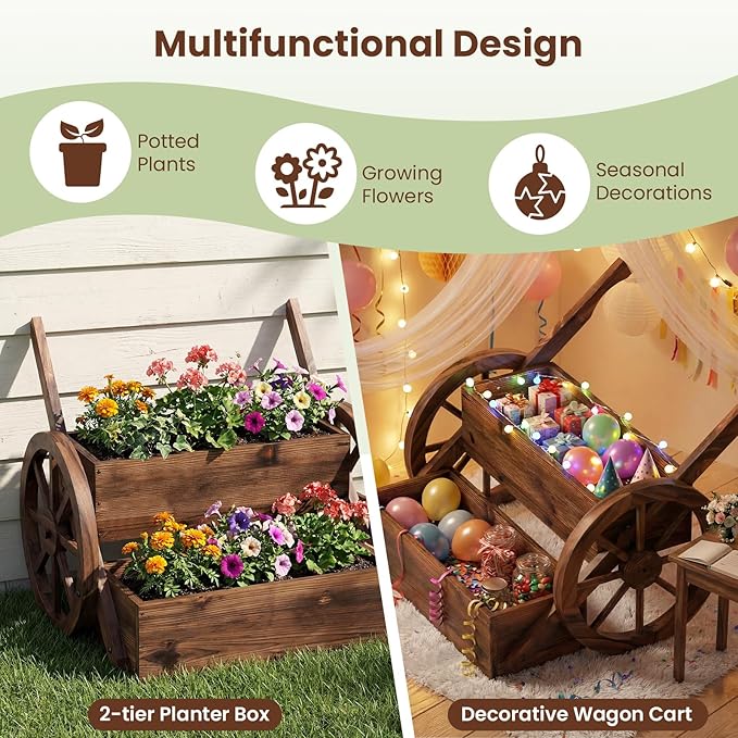 HAPPYGRILL Wooden Wagon Planter Box 2-Tier Raised Garden Bed w/Wheels &amp Drainage Hole Decorative Garden Planter for Flowers Herbs Vegetables Indoor Outdoor Flower Cart for Patio Garden Balcony