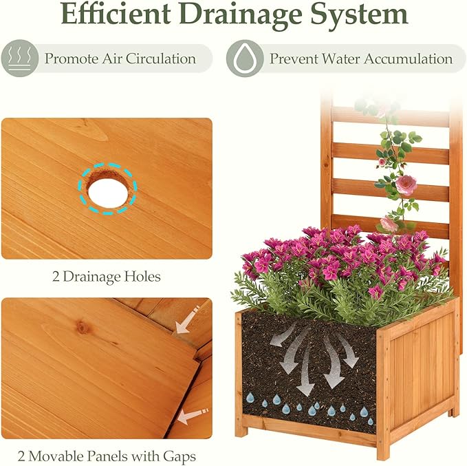BECOMFORT 48”H Raised Garden Bed with Trellis Fir Wood Planter Box with Drainage Holes &amp Gaps for Climbing Plants Vegetables &amp Flowers Outdoor Privacy Planters for Patio Balcony Yard