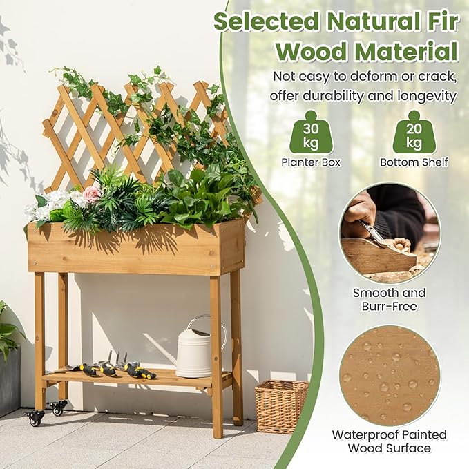 Giantex Raised Garden Bed on Wheels Rolling Planter Boxes with Trellis Storage Shelf &amp Black Liner Indoor Outdoor Wood Raised Bed for Flower Climbing Vine 36”x12”x51”