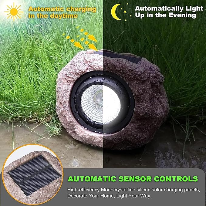 Solar Garden Rock Lights Outdoor - 2 Pack IP65 LED Waterproof Solar Spotlight Solar Powered Landscape Lights Decorative Garden Stone Lights for Pathway Walkway Yard PatioNatural