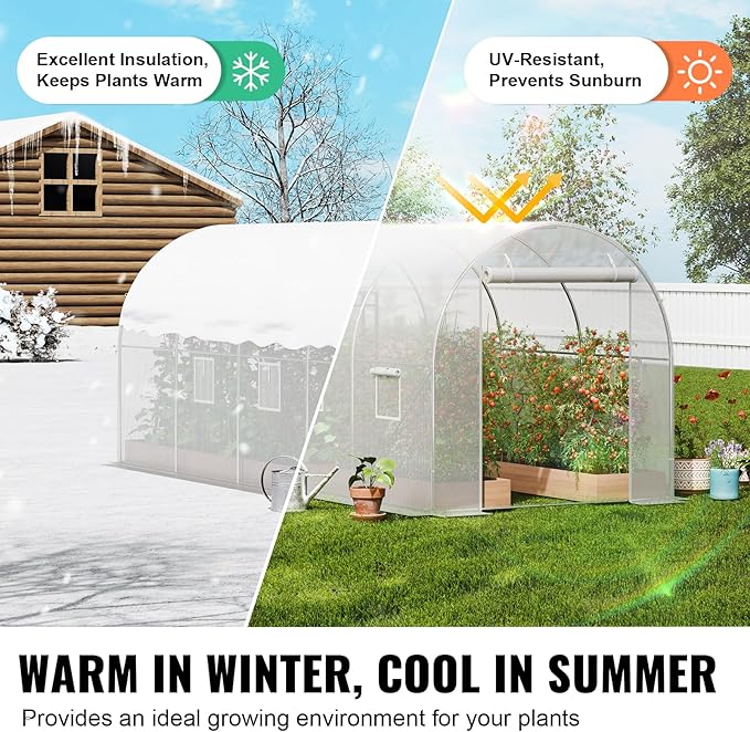 VEVOR Walk-in Tunnel Greenhouse 14.6x6.4x6.3 ft Hoop House Greenhouse Tunnel Plant Hot House with Galvanized Steel Frame White PE Cover Roll-up Zipper Door and 8 Windows for Outdoor