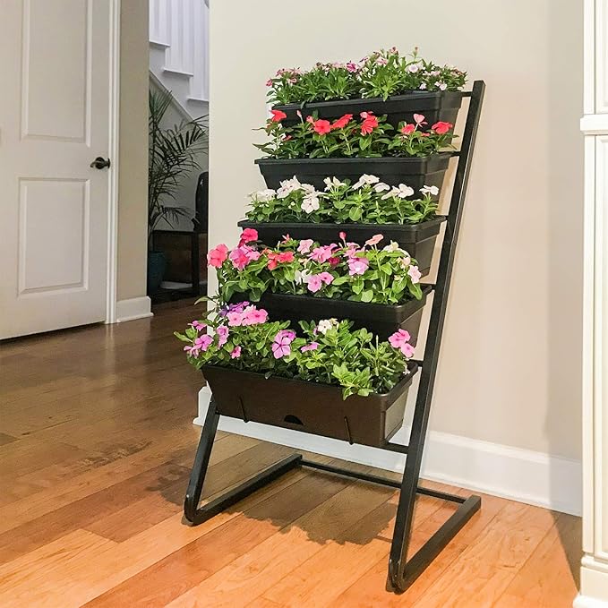 4ft Raised Garden Bed Vertical Garden Freestanding Elevated Planter with 5 Container Boxes for Patio Balcony Flowers Indoor Outdoor Black
