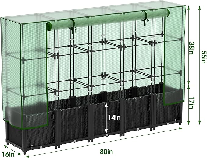 Onelike 80'' x 16'' x 55.5'' Plastic Raised Garden Bed with Greenhouse Cover and Trellis Vertical Tomato Planters for Climbing Plants Self Watering System Tomatoes Cage for PatioBlackLarge