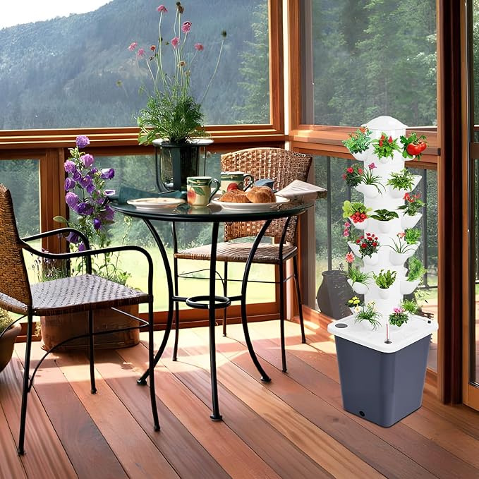 30 Plants Hydroponic Growing System Kit Vertical Hydroponic Tower Movable Garden Hydroponic System Indoor Gardening Systems with 10L Water Tank Wheels for Indoor Outdoor Vegetables Fruits (Black)