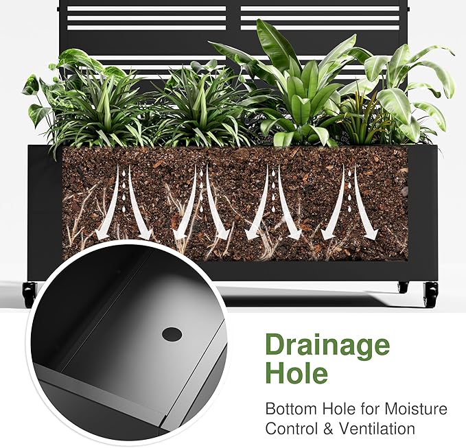 Casaphoria Metal Raised Garden Bed with Trellis and Wheels 72x47x16 Planter Box for Climbing Plants Vegetables &amp Vines Features Drainage Holes and Privacy Screen (Black-Harold)