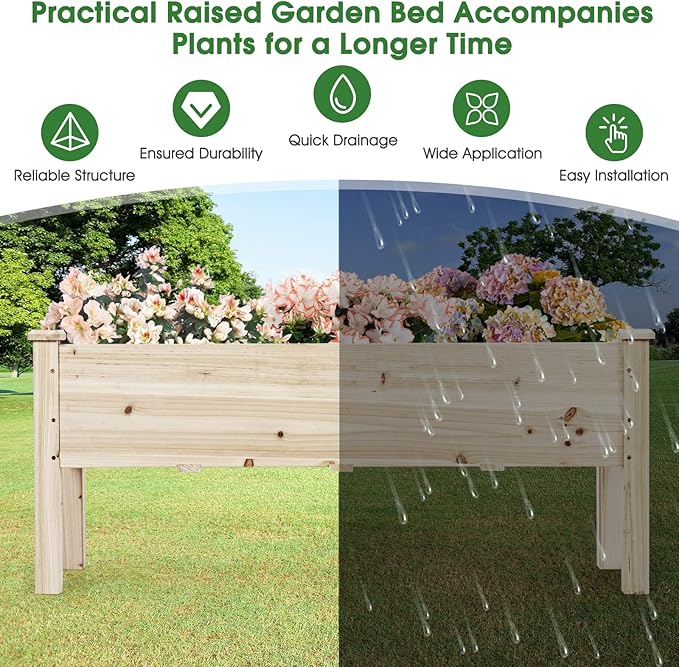 COSTWAY Raised Garden Bed Elevated Fir Wood Planter Box for Vegetables Herbs &amp Flowers – 47.5” x 17” x 20” for Backyard Patio &amp Balcony
