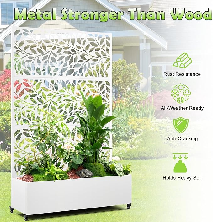 15.7×70.9×47.2 Metal Raised Garden Bed with Trellis and Wheels - Tall Trellis Planter Box for Climbing Plants Vegetables &amp Vines - Outdoor Privacy Planters for Patio (White)