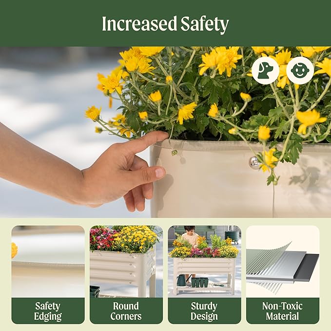 Elevated Raised Garden Bed for Kids 16(W) x 36 (L) x 22(H) Outdoor Planters Box with Legs &amp Storage Rack Solid &amp Safe Raised Beds for Gardening Herbs Vegetables Flowers Olive Green
