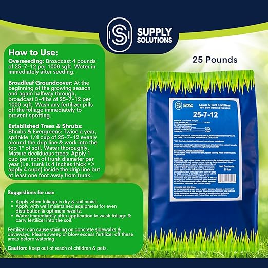 Supply Solutions 25-7-12 Lawn and Turf Fertilizer - 15% Slow Release Nitrogen Lawn Fertilizer for All Grass Types Shrubs - Turf Builder Plant Food Covers 6250 sq.ft (25lbs)