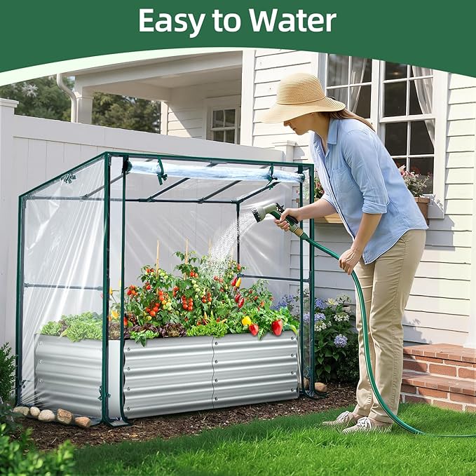 Ohuhu Raised Garden Bed with Cover Outdoor 4x2x1 FT Galvanized Metal Planter Box with PVC Greenhouse Cover Protects Plants from Frost Birds Insects 3-in-1 Gardening Set for Vegetable Flower Herb