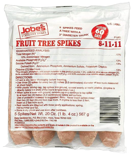 Jobe's Fruit &amp Citrus Fertilizer Spikes 8-11-11 Time Release Fertilizer for All Fruit Trees 5 Spikes per Clear Bag (Pack of 2)