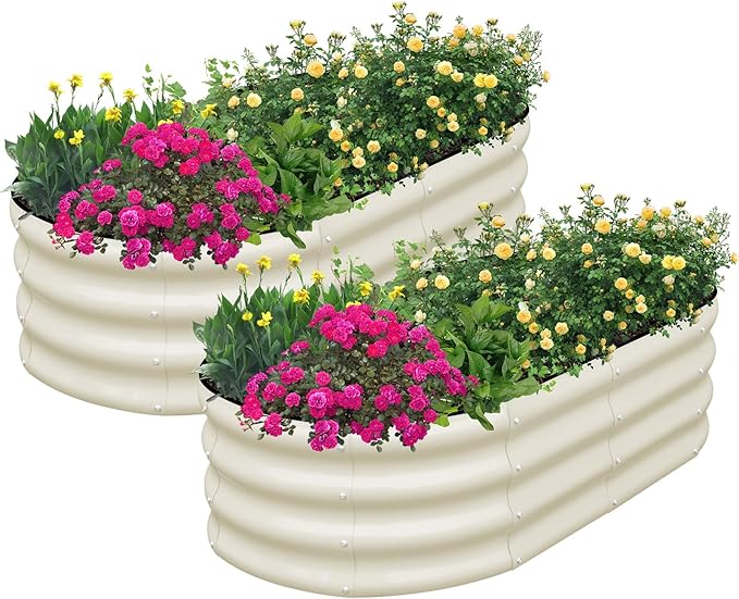 SnugNiture Galvanized Raised Garden Bed Outdoor 2 Pcs 4x2x1ft Oval Metal Planter Box for Planting Plants Vegetables White