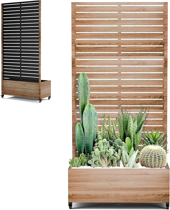 Metal Planter Box with Trellis for Patio Outdoor Raised Garden Beds with Privacy Screen Wheels Drainage Holes (35 L Brown Oak Grain)
