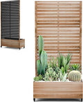 Metal Planter Box with Trellis for Patio Outdoor Raised Garden Beds with Privacy Screen Wheels Drainage Holes (35 L Brown Oak Grain)