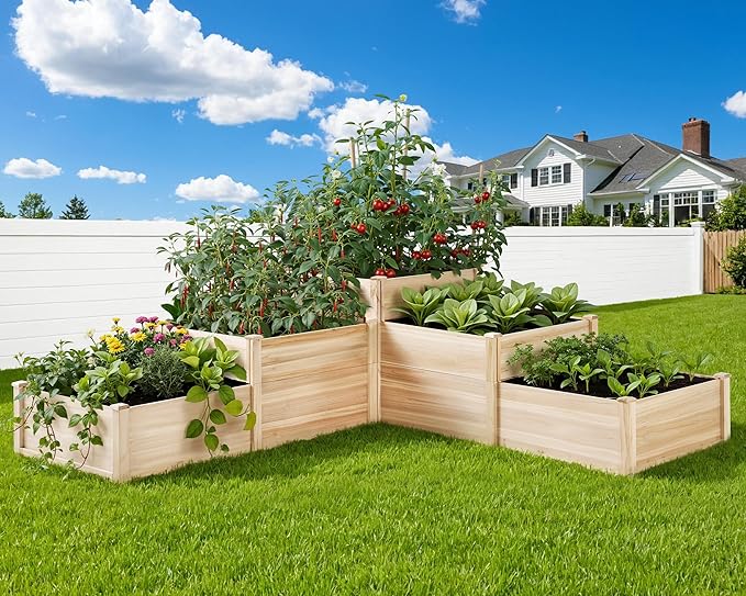 SPECRAFT Raised Garden Bed 3-Tier Outdoor Planter Box Fir Wood with Dividers Shape Adjustable Tool-Free Assembly Ideal for Growing Vegetables Herbs &amp Flowers
