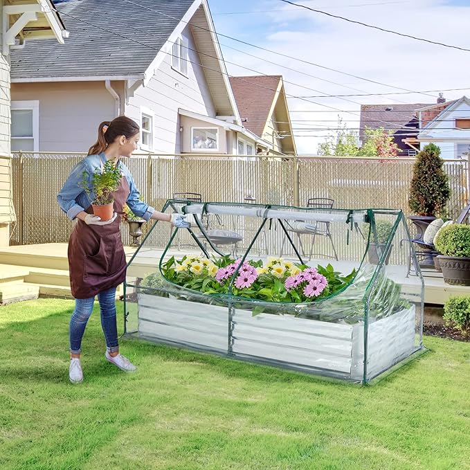 Raised Garden Bed with Cover - 6 x 3 x 3Ft Galvanized Steel Planter Box Kit with 2-Tier Roll-Up Zipper Windows Outdoor Mini Greenhouse for Growing Fruit Vegetable Flower Herbs