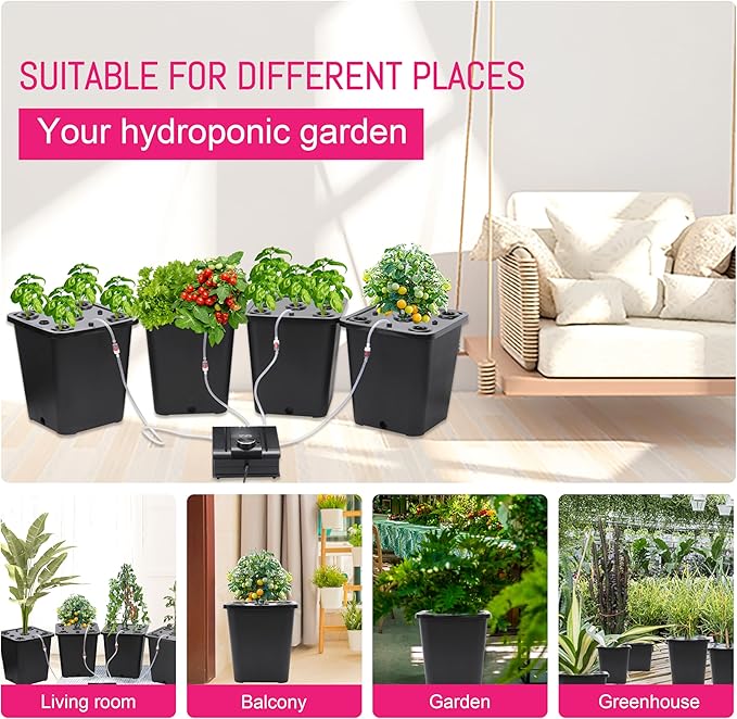4 Hydroponic Buckets Kit for Plants Hydroponics Growing System for Herbs/Tomato/Vegetables DWC System with Air Pump &amp Germination Tray Black (Complete Indoor Hydroponic Gardening Supplies)