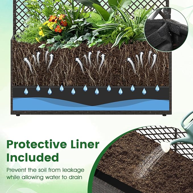 HAPPYGRILL Raised Garden Bed with Trellis 49 Wicker Planter Box w/Privacy Screen Liner Drainage for Patio Balcony Outdoor PE Rattan Elevated Garden Bed for Climbing Plant Vine Flower (Brown2)