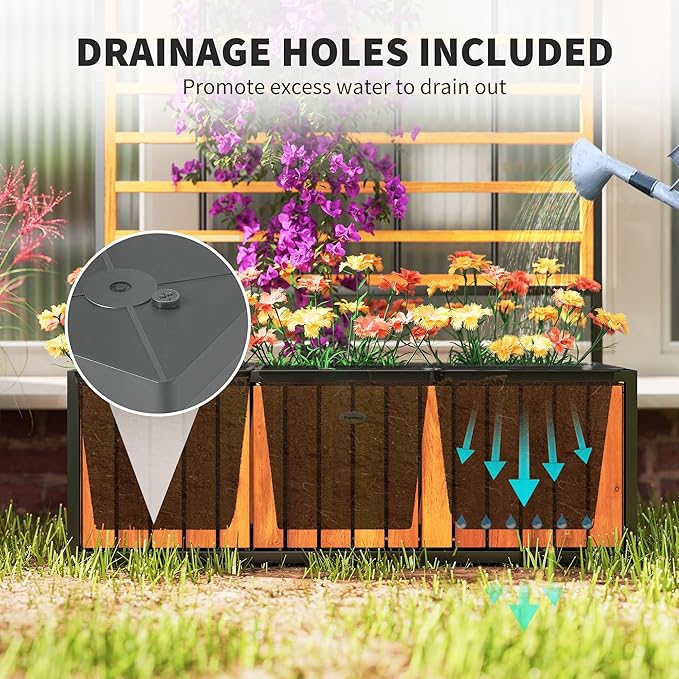 Outsunny Wooden Raised Garden Bed with Trellis Removable Pots Drainage Holes for Climbing Vines Vegetables Flowers Raised Planter Box for Backyard Patio Balcony 29 x 11 x 52 in. Teak