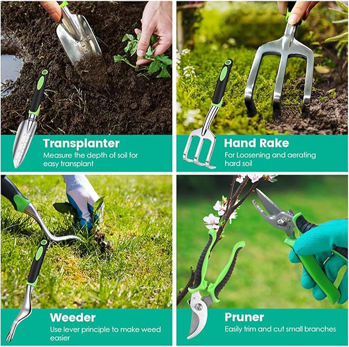 KOCASO Gardening Tools Set 13 Pcs Heavy Duty Gardening Hand Tools Starter Kit with Garden Bag Aluminum Alloy Garden Handle Tools for Plant Gardening for Plant Gardening Garden Gifts for Women Men