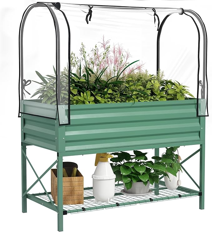 Outsunny Raised Garden Bed with Cover and Storage Shelf Rectangular Metal Elevated Planter Box with Legs and Bed Liner for Vegetables Flowers Herbs Green