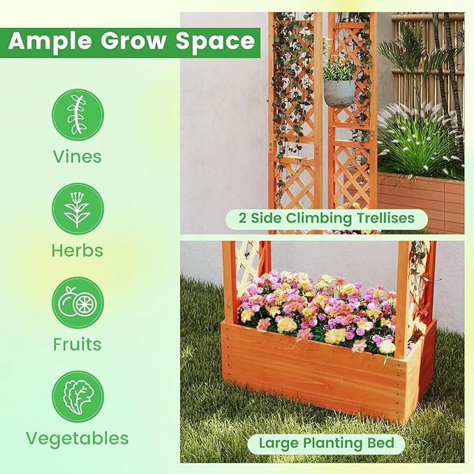MAT EXPERT Raised Garden Bed with Trellis &amp Hanging Roof Lattice Panel with Drainage Hole for Flower Climbing Plant Herb Planter Box for Garden Patio Yard (1 31 L x 14 W x 60 H)
