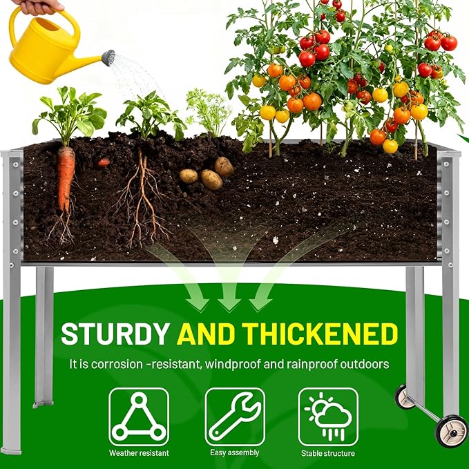 Land Guard 2 Pack Galvanized Raised Garden Bed with Legs &amp Wheels 48×18×32in Metal Elevated Raised Planter Box for Backyard Patio Balcony 500lb Capacity Silver