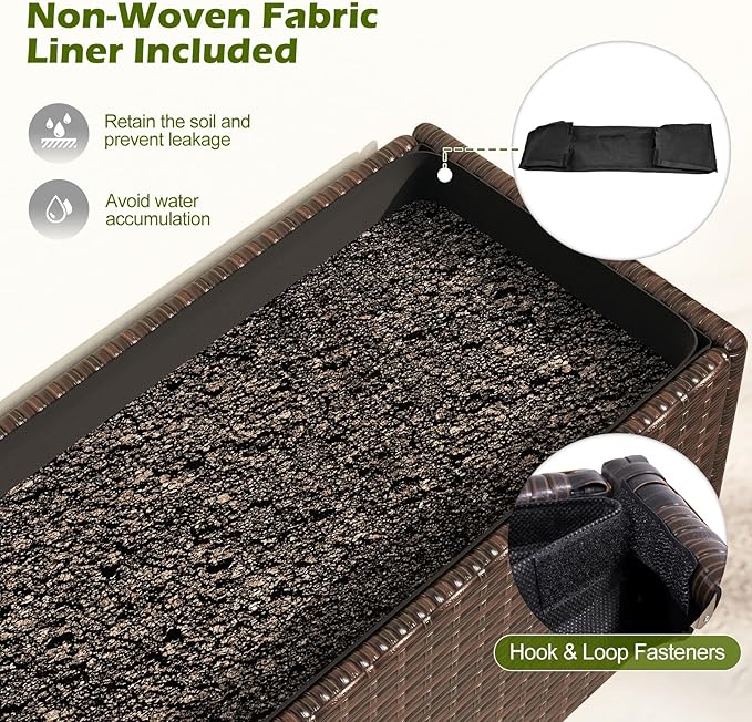 Giantex Wicker Raised Garden Bed with Wheels 38”x12”x14” Rectangular Garden Planter Box w/PE Rattan Liner Fabric Wicker Patio Elevated Raised Bed for Vegetable Flower Herb Porch Balcony