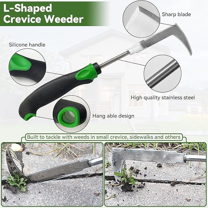 Stand Up Hand Weeding Tool Set Heavy Duty Stainless Steel Weed Puller for Lawn &amp Garden with 4-Claw Digger Crack Weeder and Ergonomic Rubber Handle Manual 3 Pieces