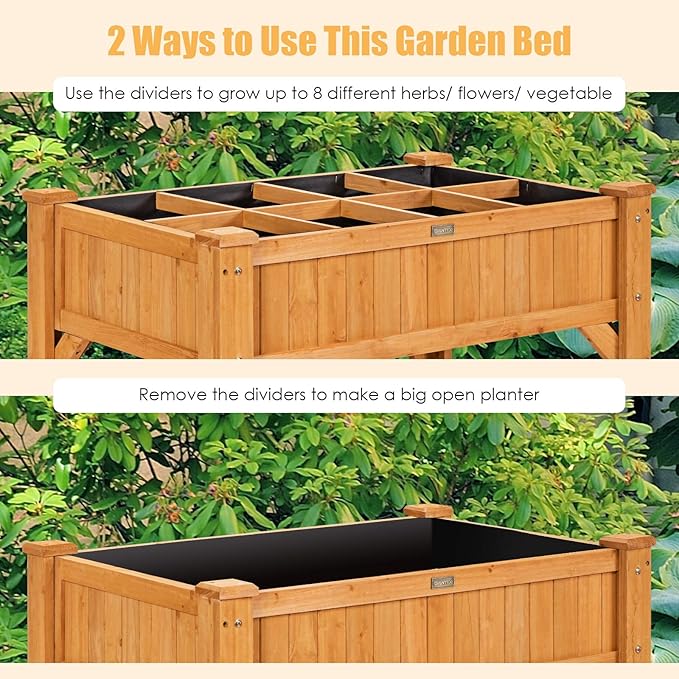 Giantex Raised Garden Bed Elevated Planter Box Kit with 8 Grids &amp Liner for Herbs Vegetables Flowers Outdoor Solid Fir Wood Planting Container with Legs &amp Storage Shelf for Backyard Patio (N