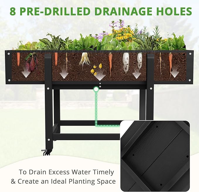 LUE BONA Raised Garden Bed with Wheels 48 * 16.7 * 28 in Poly Elevated Outdoor Planter Box with Tools Weather Resistant Standing Growing Bed Herb Planter for Vegetable Flowers Fruits