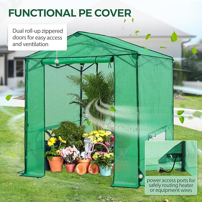 6x6 Pop Up Greenhouse Instant Walk in Green House with PE Cover Power Ports Roll up Doors &amp Windows for Indoor Outdoor Plant Growing Green