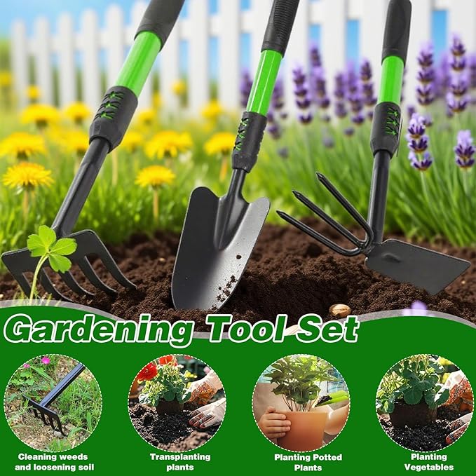 Garden Tool Set 3 Pack Gardening Tools Stainless Steel Heavy Duty Hand Cultivator Hoes Shovel for Planting Weeding Digging Gardening Gifts for Women Green