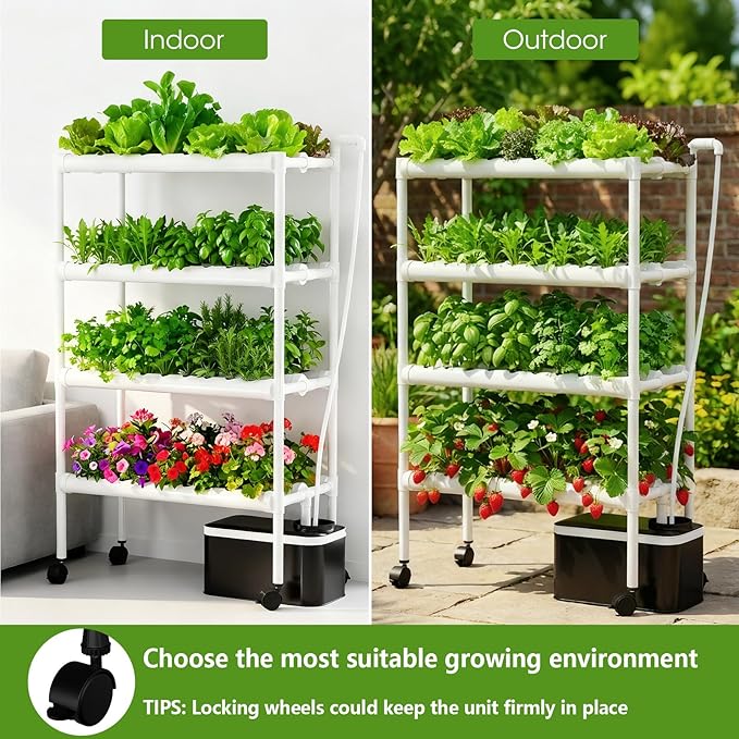 Hydroponics Growing System Kit with Wheels 108 Plant Sites Gardening Aquaponics Tower 4-Tier Food-Grade PVC-U Pipes Water Pump Timer for Leafy Vegetables Indoor Outdoor (34x62x15 in 108 Holes)
