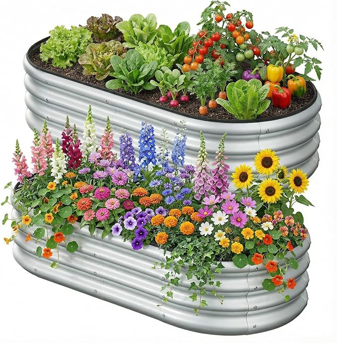 2PCS 4x2x1 FT Oval Metal Raised Garden Bed Kit Elevated Garden Planter Box Outdoor Trough Planter for Outdoor Plants Flower Vegetables Fruit Herbs (Silver)