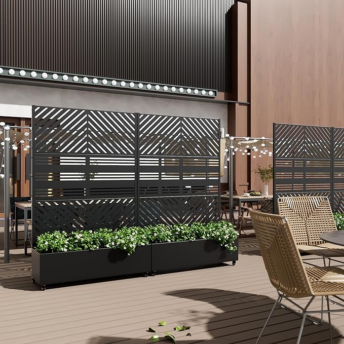 Casaphoria Metal Raised Garden Bed with Trellis and Wheels 72x47x16 Planter Box for Climbing Plants Vegetables &amp Vines Features Drainage Holes and Privacy Screen Black(Parallel&ampHarold)