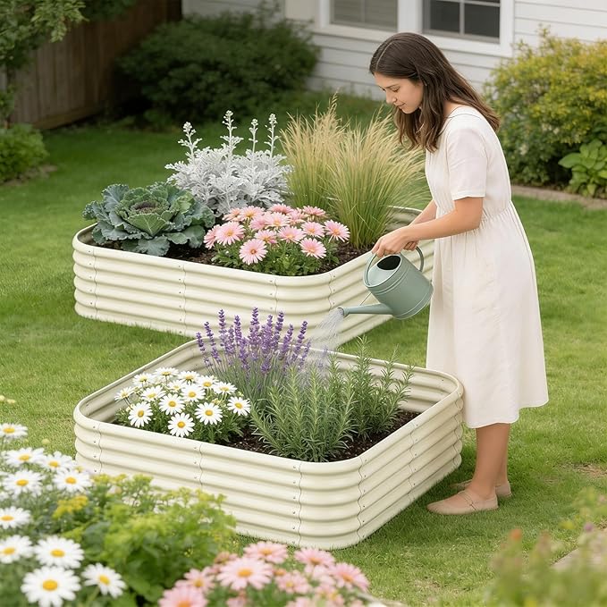 2-Pack 4x1.5ft Galvanized Raised Garden Bed Outdoor Planter Bed Metal Planter Box for Gardening and PlantingMilk White