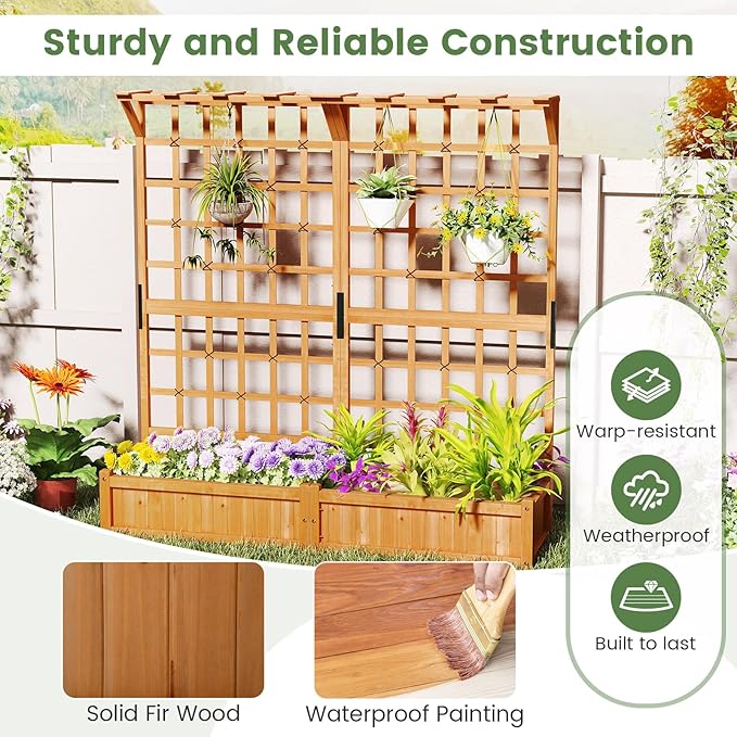 72 Raised Garden Bed with Lattice Trellis Hanging Roof &amp Drainage Holes Elevated Wooden Planter Box for Vine Climbing Plant Flower Herb &amp Vegetable